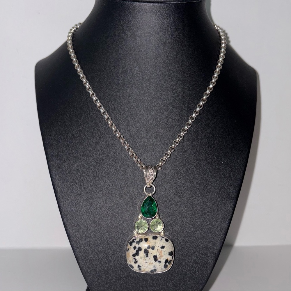 925 Sterling Silver Artisan Dalmatian Jasper 2" Pendant Handmade Jewelry Gift